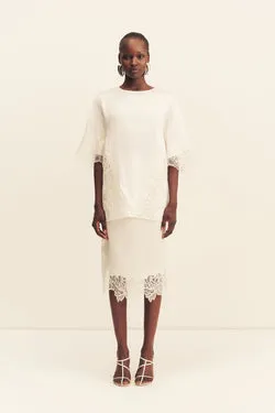 ENIKO LACE SPLIT MIDI SKIRT - IVORY