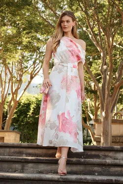Shelbi Maxi Off Shoulder Dress in White with Pink Floral