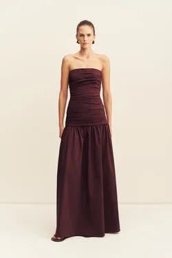 CAMPBELL STRAPLESS RUCHED MAXI DRESS - WINE TASTING