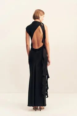 AGNES DRAPED RUFFLE MAXI DRESS - BLACK