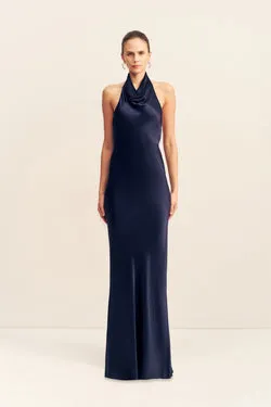 LA LUNE HIGH COWL OPEN BACK MAXI DRESS - MIDNIGHT