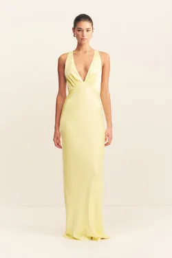 LA LUNE PLUNGED CROSS BACK MAXI DRESS - LEMON