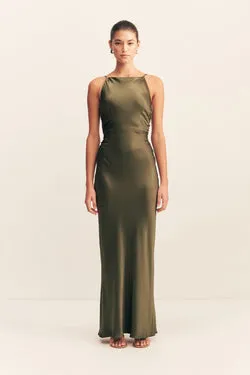 LA LUNE HIGH NECK RUCHED MAXI DRESS - FOREST