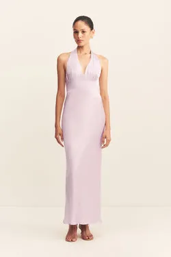 LA LUNE PLUNGED HALTER MIDI DRESS - LILAC