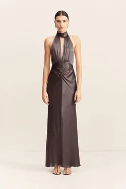 LA LUNE HALTER NECK MAXI DRESS - GRAPHITE