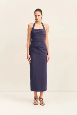 CAMPBELL DRAPED HALTER MIDI DRESS - MIDNIGHT