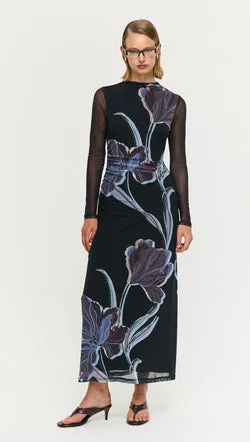 Blue Floral Mesh Midi Dress