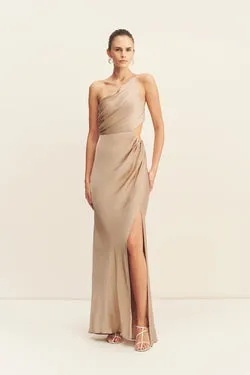 LA LUNE ASYMMETRICAL GATHERED MAXI DRESS - GOLD