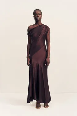 LA LUNE ASYMMETRICAL DRAPED MAXI DRESS - ESPRESSO