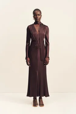 LA LUNE PLUNGED LONG SLEEVE MAXI DRESS - ESPRESSO