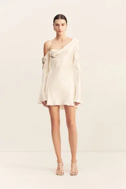 LA LUNE ASYMMETRICAL LONG SLEEVE MINI DRESS - CREAM