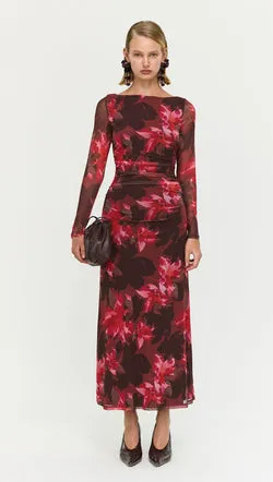 Ruched Pink Floral Mesh Midi Dress