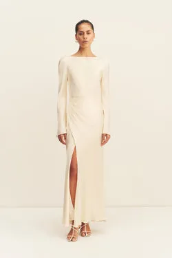 LA LUNE FLARED SLEEVE SIDE SPLIT MIDI DRESS - CREAM