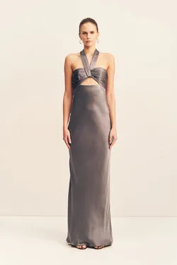 LA LUNE RUCHED HALTER MAXI DRESS - GRAPHITE