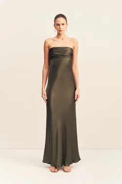 LA LUNE STRAPLESS RUCHED BODICE MAXI DRESS - FOREST