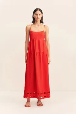 BIRDIE SCALLOP TIERED MIDI DRESS - RED ROSE