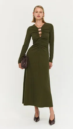 Olive Green Bead Detail Jersey Midi Dress