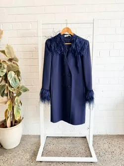 Carla Zampatti Navy Feather Trim Jacket Dress - Size 10