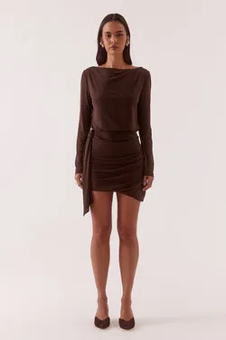 MYRIAD DRAPE MINI DRESS - RUM RAISIN