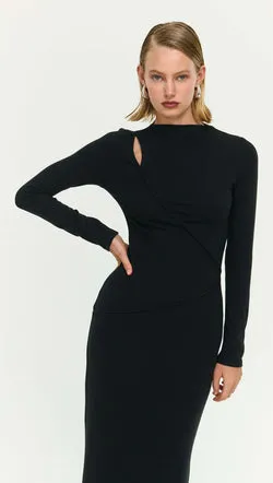 Black Asymmetric Seam Detail Midi Dress