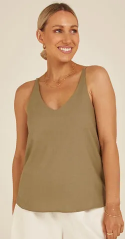 Chloe Linen Blend Cami - Khaki