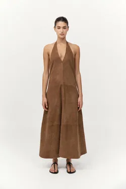 Suede Halter Plunge Dress - Toffee