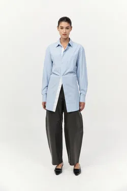 Drawstring Mini Shirt Dress - Pale Blue Stripe