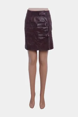 SHAKUHACHI Burgundy Tab Detail Leather Mini Skirt