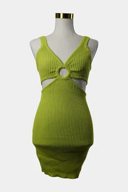 SUPRE Yellow Green Knitted Cut Out Mini Dress