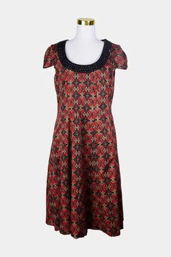 Moss And Spy Red, Pattern, Black Bead Trim Pattern Dress