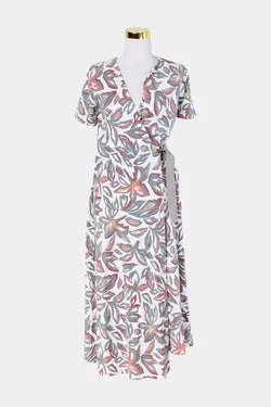 SPORTSCRAFT Khaki, Orange, White Print Ring Detail Wrap Midi Dress