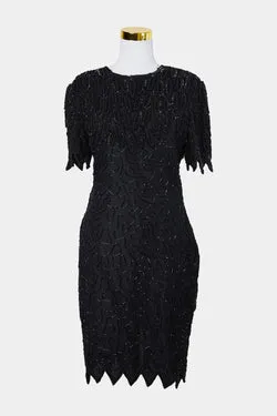 Laurence Kazar Black Sequin and Beaded Silk Midi Dress