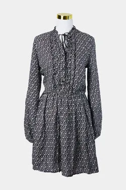 Blue Motion Black and White Floral Tie Neck Dress