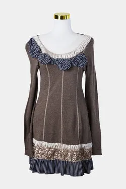 Dp Jeans Brown Knit Embellished Long Sleeve Mini Dress