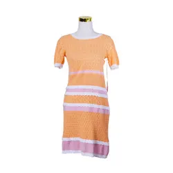 ALESSANDRA Orange Pink and White Knit Short Sleeve Midi Dress