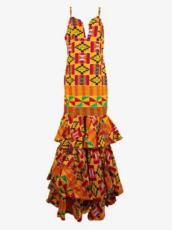 True Fond Ghana Kente Ruffle Hem Maxi Dress Size 10