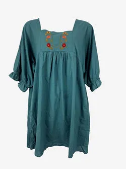 Boho Bird Teal Floral Embroidery Bodice Mini Dress Size 16