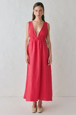Paros Palms Linen Midi Dress Red