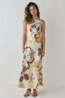 Art Of Bloom Linen Bias Cut Maxi Dress Flower