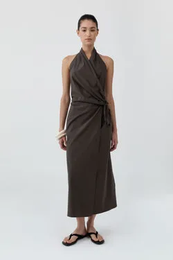 Halter Wrap Backless Dress - Wood