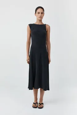 Silk Drape Back Midi Dress - Black
