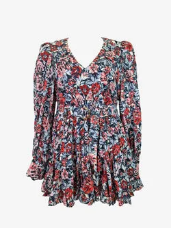 Kate Ford Painted Floral Linen Long Sleeve Belted Mini Dress Size 12