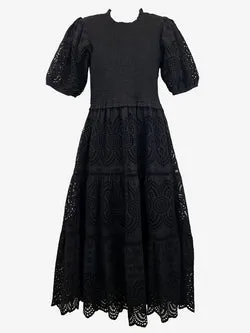 Decjuba Noir Broderie Puff Sleeve Midi Dress Size 8