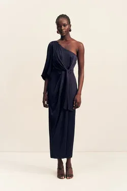 LUMIERE TIE FRONT ONE SHOULDER MIDI DRESS - NIGHT SKY
