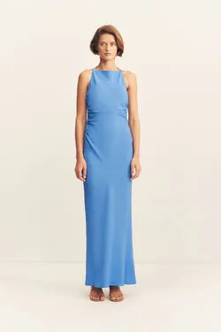PIERCE HIGH NECK RUCHED MAXI DRESS - SONIC BLUE