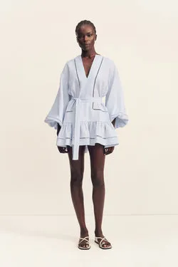 TOMMY LINEN BALLOON SLEEVE MINI DRESS - SKY