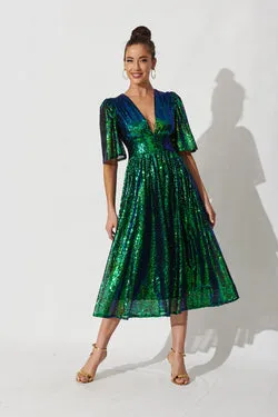 Livorno Midi Dress In Green Sequin