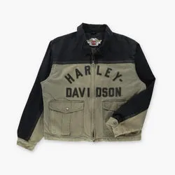Vintage HARLEY DAVIDSON Leather Accent Green & Black Canvas Jacket (XL)