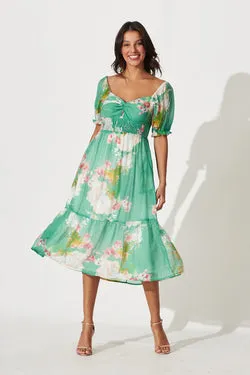 Mandy Midi Dress In Green With Pink Floral Cotton Blend