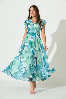 Wynter Maxi Dress In Green And Blue Floral Chiffon